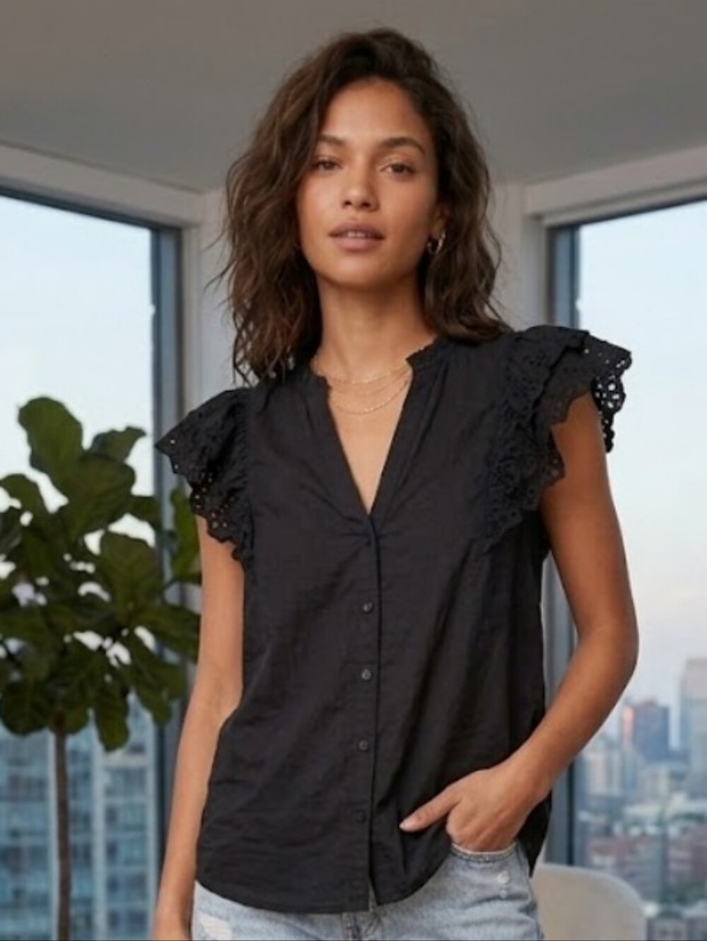 MNG Black Eyelet Flutter Sleeve Button-Front Top Size 8
